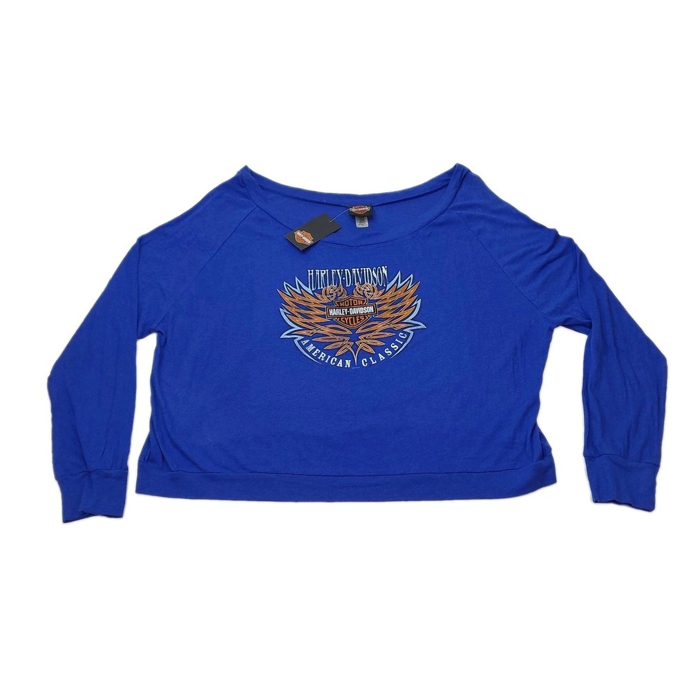 Harley-Davidson Women's Blue Orange Wings Scoop Long Sleeve Shirt Size XL